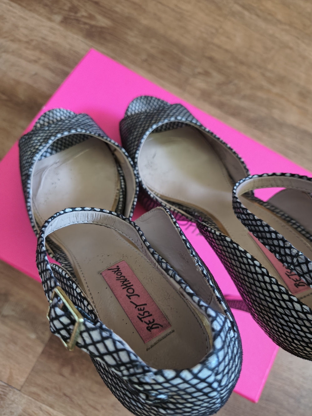 Betsy Johnson Taup/Black Peep-Toe Ankle-Strap Platform Heels - Picture 9 of 10